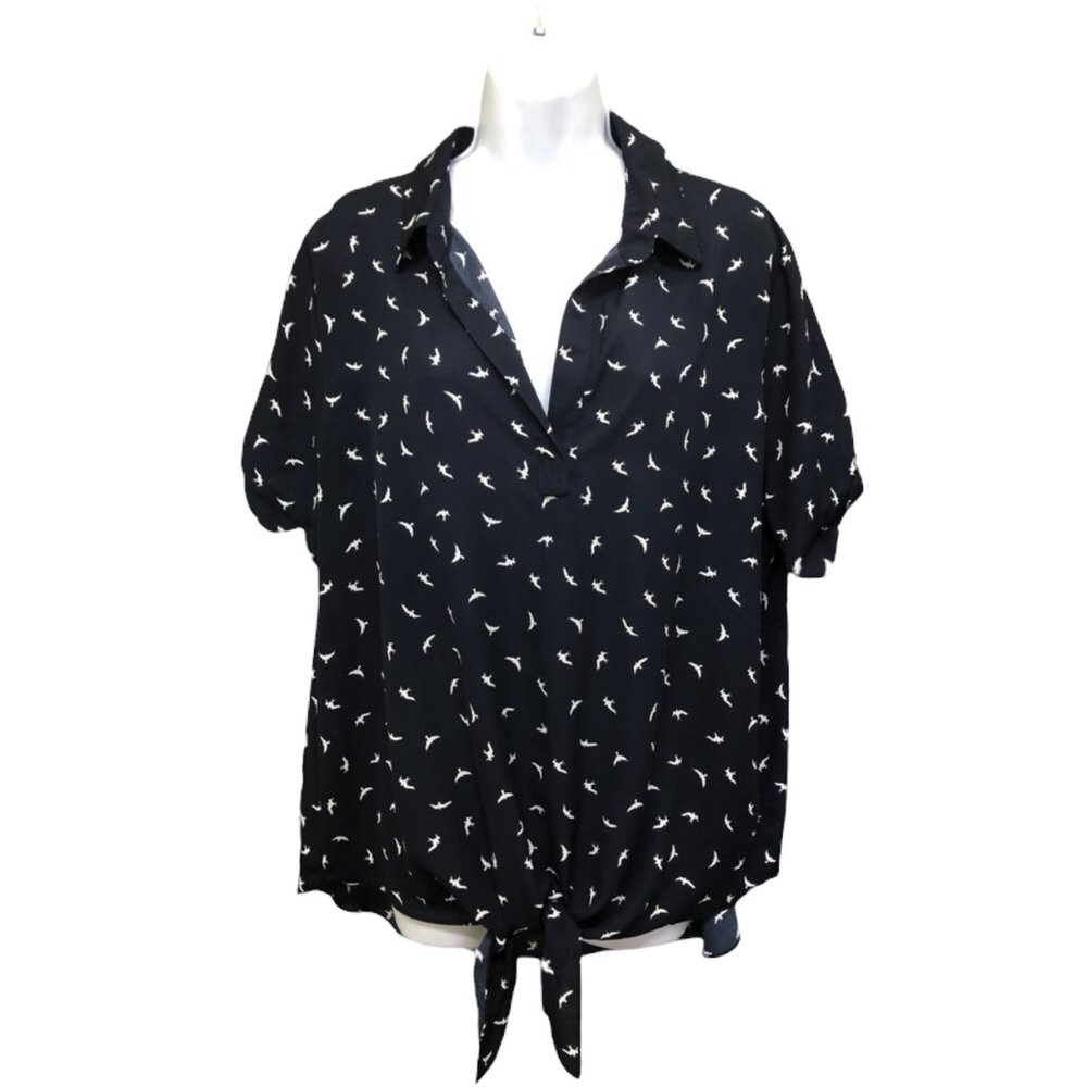 Misia Blue White Bird Button Tie Front Blouse Artsy Top